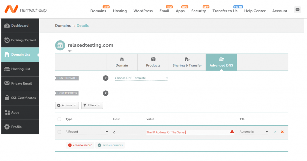 Namecheap Configure DNS A Record