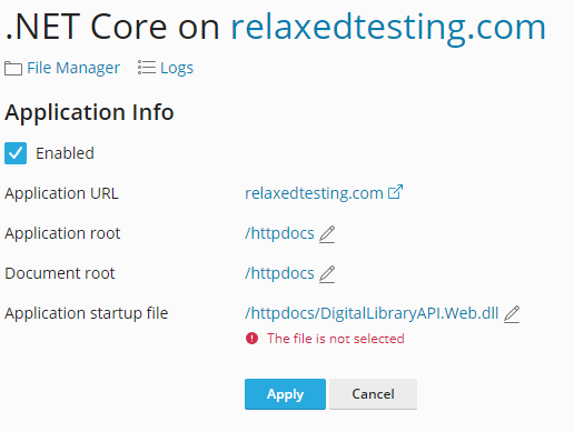 Plesk configure net core application info