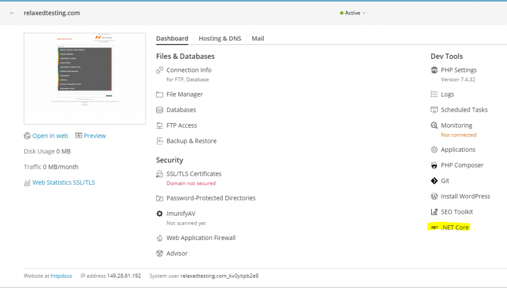 Plesk configure net core website