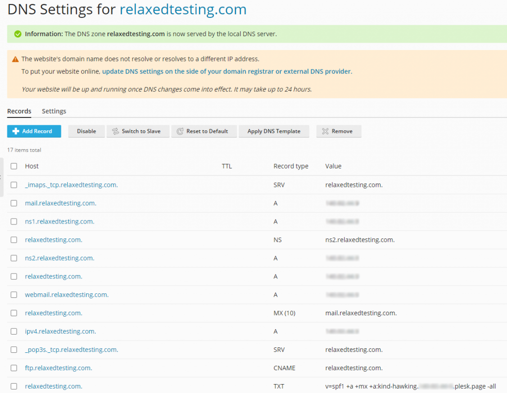 Plesk DNS Settings