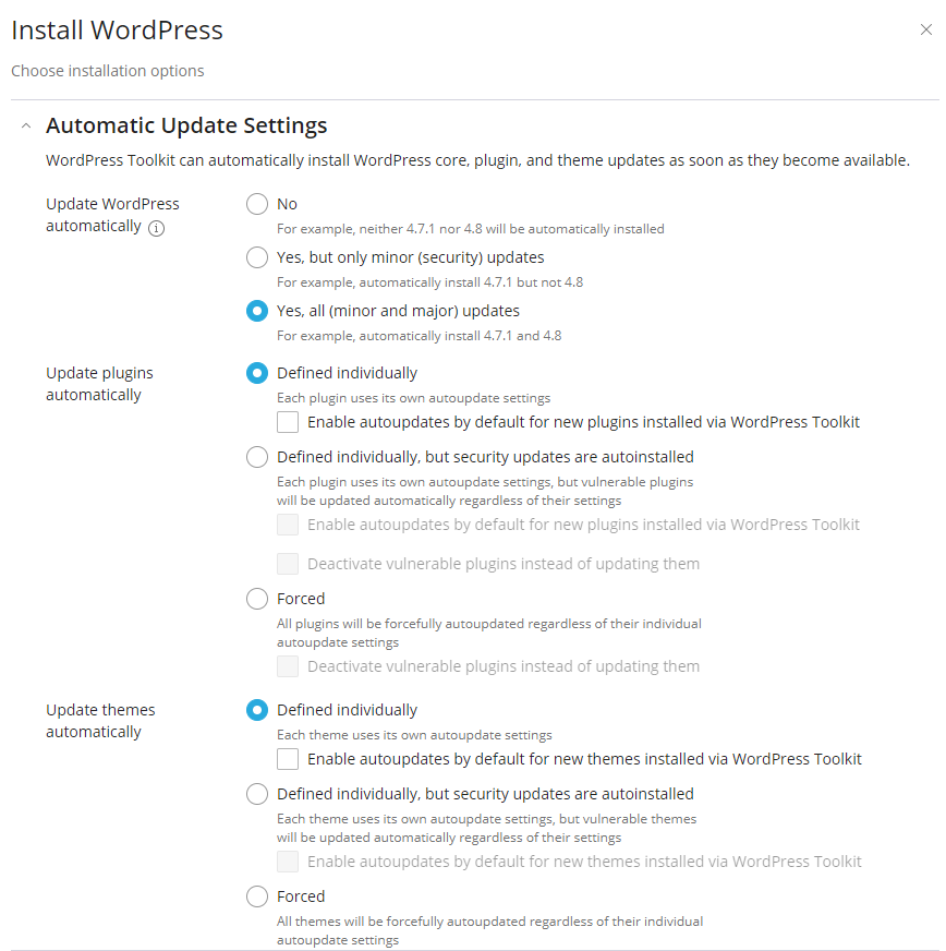 Plesk Install WordPress Wizard Automatic Update Settings