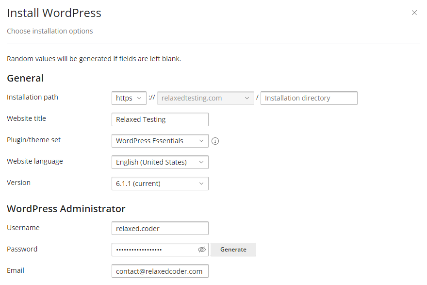 Plesk Install WordPress Wizard General Settings